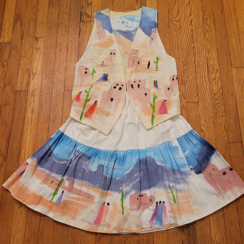 Clay People S 2pc Vest Skirt Set Artsy Hand Painted Desert LINDA WEST Southwest